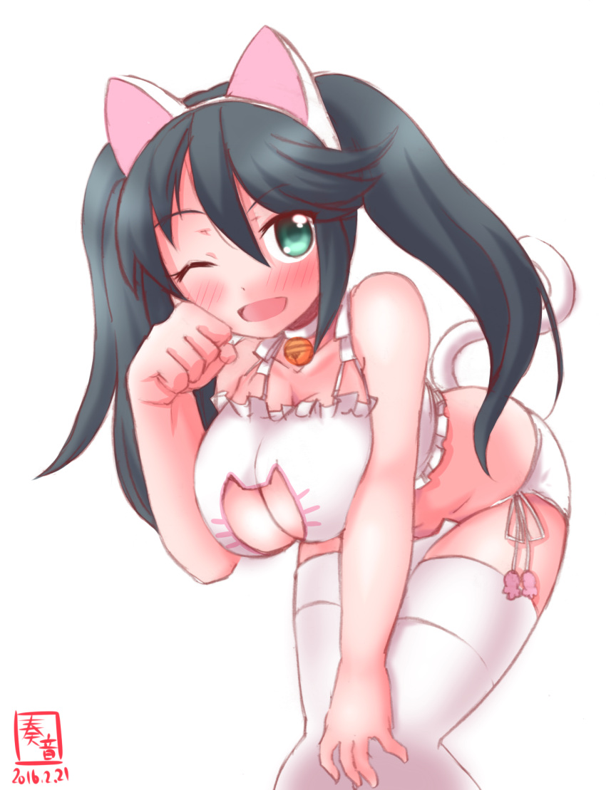 1girl animal_ears bare_shoulders bell bell_choker bell_collar blue_hair blush bra breasts cat_cutout cat_ear_panties cat_ears cat_lingerie cat_tail choker cleavage_cutout collar dated fake_animal_ears fake_tail green_eyes hair_between_eyes hairband highres isuzu_(kantai_collection) kanon_(kurogane_knights) kantai_collection large_breasts leaning_forward long_hair looking_at_viewer one_eye_closed panties paw_pose side-tie_panties simple_background solo tail thigh-highs twintails underwear underwear_only white_background white_bra white_legwear white_panties