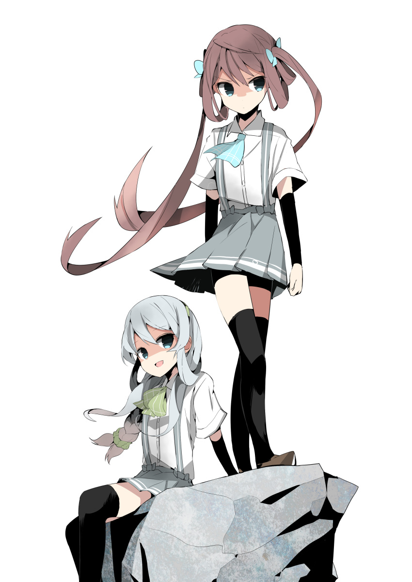 absurdres arm_warmers asagumo_(kantai_collection) bangs blouse blue_eyes bow braid brown_hair clenched_hands frown grey_hair hair_bow hair_ornament hair_scrunchie highres kantai_collection kneehighs long_hair looking_at_viewer looking_to_the_side neckerchief ooyama_imo rock school_uniform scrunchie shaded_face sidelocks sitting_on_rock smile suspenders thigh-highs twintails very_long_hair wind wind_lift yamagumo_(kantai_collection)