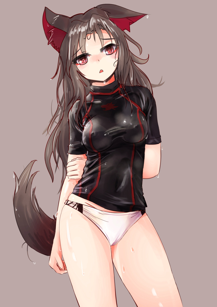 1girl absurdres animal_ears arm_behind_back bra brown_hair collarbone covered_nipples highres imaizumi_kagerou long_hair looking_at_viewer nama_shirasu no_pants open_mouth panties red_eyes see-through shirt solo tail touhou underwear very_long_hair wet wet_clothes wet_hair wet_shirt white_panties wolf_ears wolf_tail