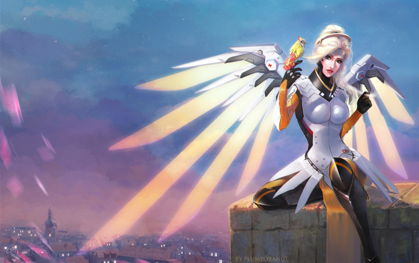 1girl artist_name bird black_boots black_gloves blonde_hair blue_eyes blue_sky bodysuit boots breasts cityscape clouds cloudy_sky commentary ganymede_(overwatch) gloves glowing glowing_wings hair_grab high_ponytail highres large_breasts light_smile lips lipstick long_hair looking_at_viewer makeup mechanical_halo mechanical_wings mercy_(overwatch) nose outdoors overwatch pantyhose parted_lips plumporange ponytail purple_sky red_lipstick signature sitting sitting_on_wall sky solo spread_wings swiss_flag twilight wall wings yellow_wings