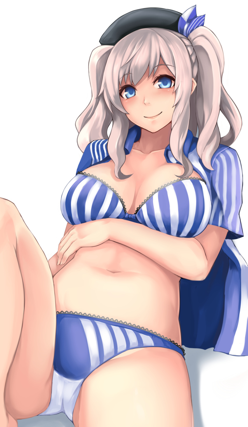 1girl absurdres adapted_costume beret black_hat blue_eyes blush bra breast_hold breasts cleavage closed_mouth collarbone collared_shirt dress_shirt hat head_tilt highres kantai_collection kashima_(kantai_collection) knee_up lace-trimmed_bra lace-trimmed_panties leaning_back lips looking_at_viewer midriff navel open_clothes open_shirt panties shirt short_hair short_sleeves short_twintails sidelocks silver_hair simple_background sitting smile solo stomach striped striped_bra striped_panties striped_shirt tareme twintails underwear white_background yashichii