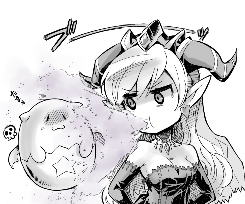 1girl :3 bare_shoulders blush_stickers breasts cleavage demon_girl dress earrings elbow_gloves gloves greyscale hands_on_hips heart heart_earrings horns ishiyumi jewelry lilith_(p&amp;d) long_hair monochrome necklace pointy_ears poison puzzle_&amp;_dragons shaded_face skull spit_take spitting star tamadra wings