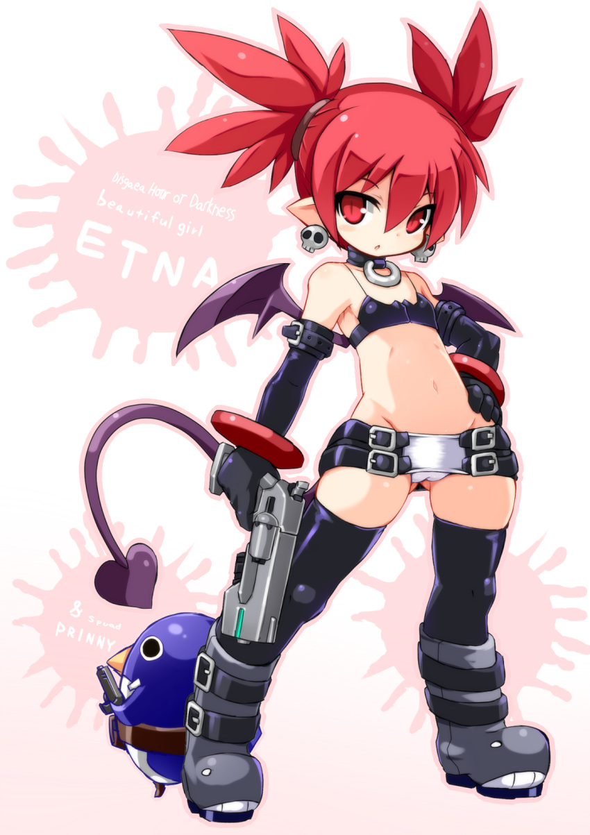 1girl ass_visible_through_thighs bat_wings black_bra black_gloves black_legwear boots bra character_name choker copyright_name creature demon_tail disgaea earrings elbow_gloves etna expressionless flat_chest full_body gloves grey_boots hand_on_hip highres jewelry karukan_(monjya) knee_boots looking_at_viewer makai_senki_disgaea midriff miniskirt navel panties pantyshot pantyshot_(standing) pointy_ears prinny red_eyes redhead short_hair skirt skull_earrings spiky_hair standing tail thigh-highs twintails underwear white_panties wings
