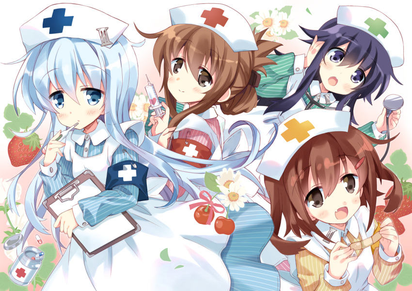 4girls akatsuki_(kantai_collection) alternate_costume apron bandaid black_hair blue_dress blue_eyes brown_hair clipboard dress flat_cap folded_ponytail green_dress hair_ornament hairclip hat hibiki_(kantai_collection) highres hizuki_yayoi ikazuchi_(kantai_collection) inazuma_(kantai_collection) jar kantai_collection long_hair medicine multiple_girls nurse nurse_cap pill pink_dress silver_hair stethoscope syringe violet_eyes white_hair yellow_dress