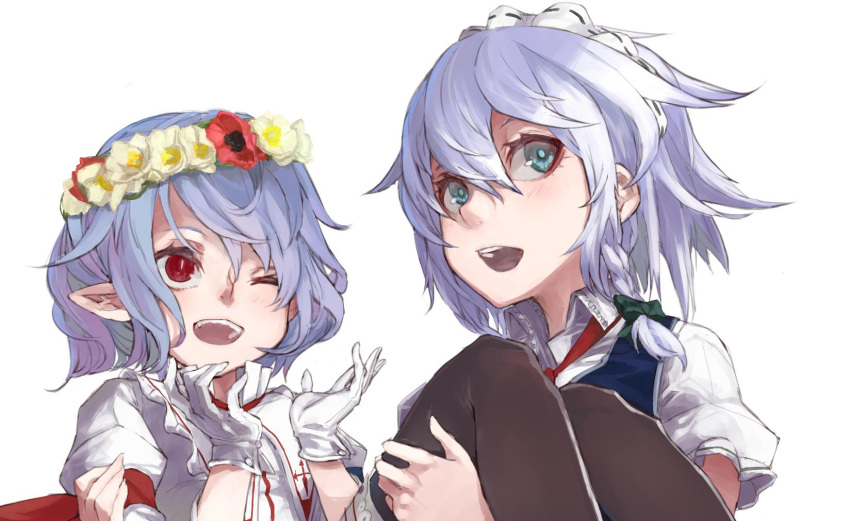 2girls :d ;d black_legwear blue_dress blue_eyes blue_vest blush bow braid carrying collared_shirt dress eyelashes fang flower_wreath gloves green_bow hair_bow hair_ornament happy head_wreath highres holding izayoi_sakuya kumonji_aruto lavender_hair leggings looking_afar maid maid_headdress multiple_girls nose one_eye_closed open_mouth pointy_ears princess_carry puffy_sleeves red_eyes remilia_scarlet shirt short_hair short_sleeves silver_hair smile teeth thigh-highs touhou twin_braids vest white_dress white_gloves