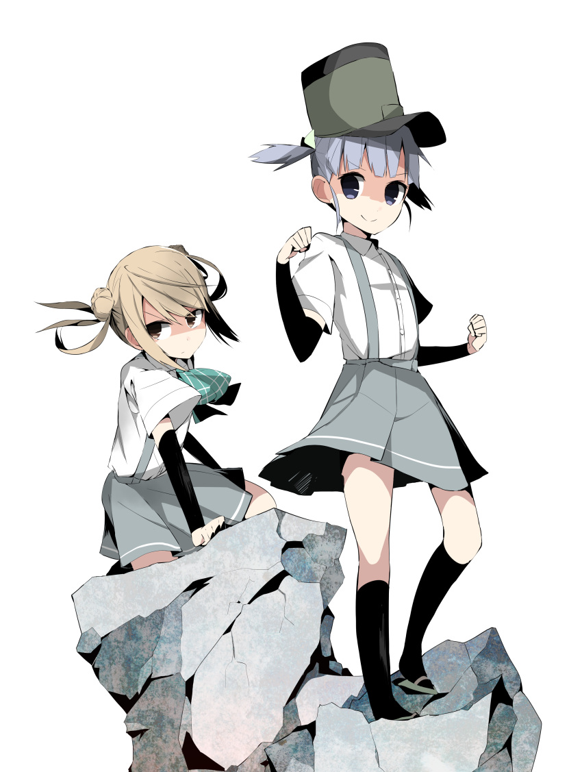 absurdres arm_warmers blonde_hair blouse brown_eyes clenched_hands double_bun frown grey_eyes grey_hair hat highres kantai_collection kneehighs looking_at_viewer michishio_(kantai_collection) ooshio_(kantai_collection) ooyama_imo rock school_uniform short_twintails sidelocks sitting_on_rock smile suspenders twintails wind wind_lift
