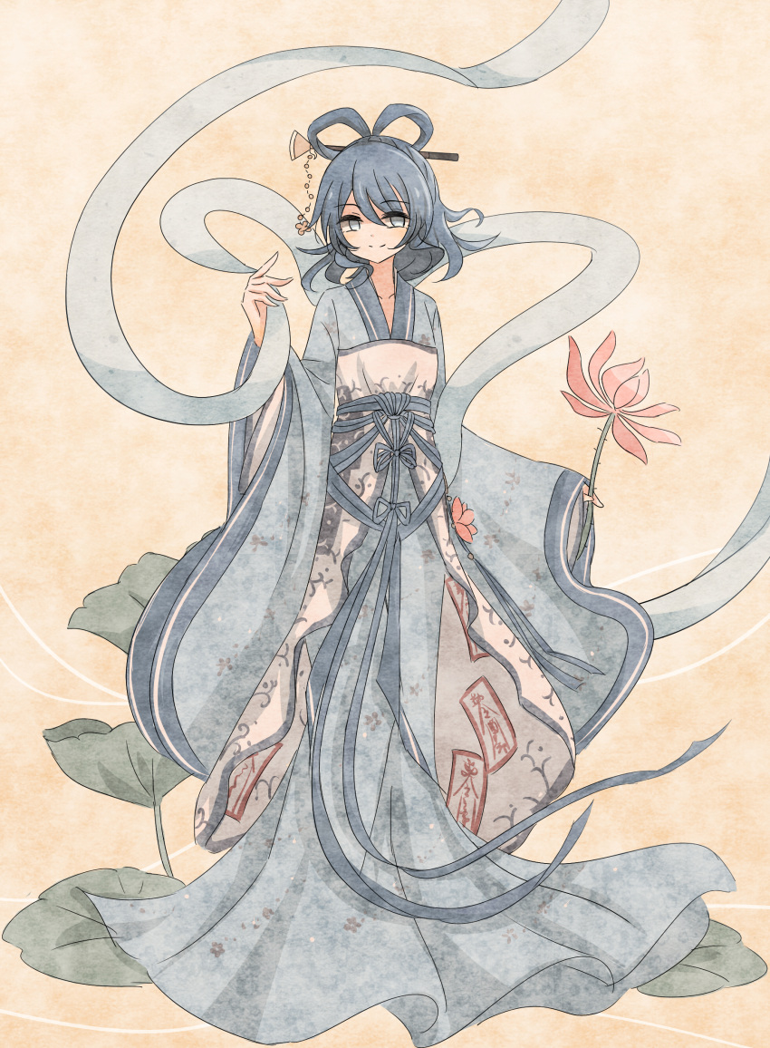 1girl aaaabo absurdres adapted_costume blue_eyes blue_hair flower hagoromo hair_ornament hair_rings hairpin highres holding japanese_clothes kaku_seiga kimono long_sleeves looking_at_viewer shawl short_hair smile solo touhou wide_sleeves