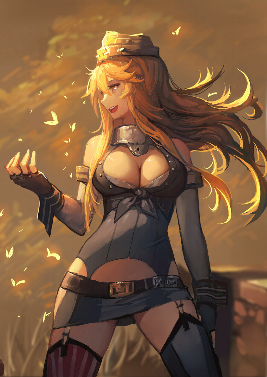 1girl blonde_hair blue_eyes breasts cleavage garter_straps gods_(1073337800) highres iowa_(kantai_collection) kantai_collection large_breasts long_hair miniskirt open_mouth profile sketch skirt smile solo thigh-highs zettai_ryouiki