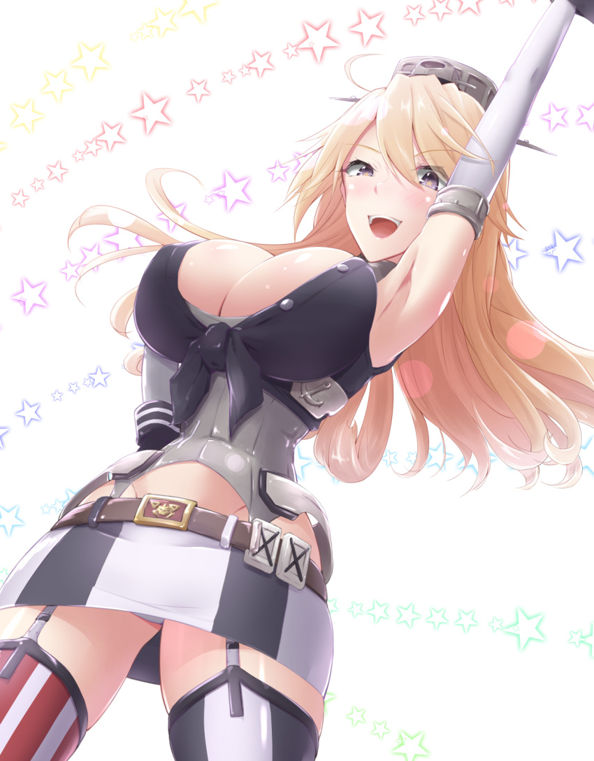 1girl :d ahoge anchor_symbol arm_up armpits bangs belt blonde_hair blush breasts cleavage covered_navel cowboy_shot eyebrows eyebrows_visible_through_hair from_below front-tie_top garter_straps gloves groin hair_between_eyes headgear highres iowa_(kantai_collection) kantai_collection large_breasts long_hair miniskirt mismatched_legwear open_mouth panties pantyshot shiroshimu skirt smile solo star star-shaped_pupils starry_background stomach striped striped_legwear symbol-shaped_pupils thigh-highs unbuttoned underwear upskirt vertical-striped_legwear vertical_stripes white_background white_panties wrist_cuffs