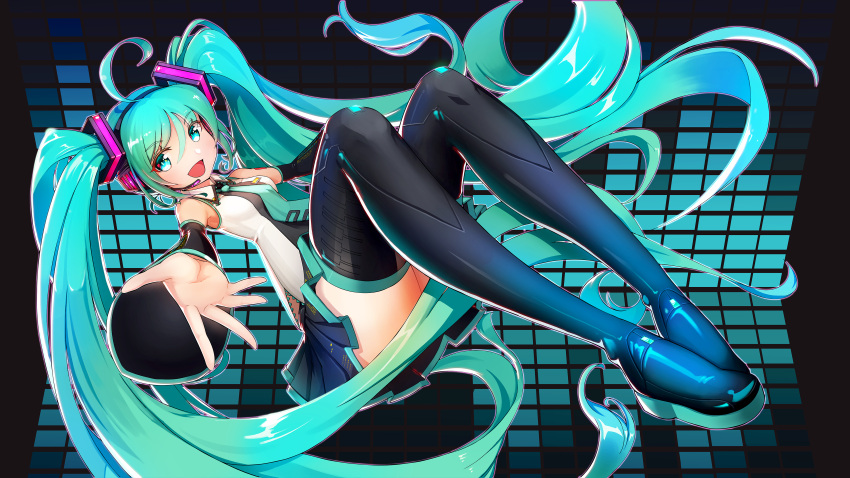 1girl absurdly_long_hair absurdres ahoge aqua_eyes aqua_hair boots btraphen detached_sleeves foreshortening hair_censor hatsune_miku headset highres long_hair necktie open_mouth outstretched_arm skirt solo thigh-highs thigh_boots twintails very_long_hair vocaloid