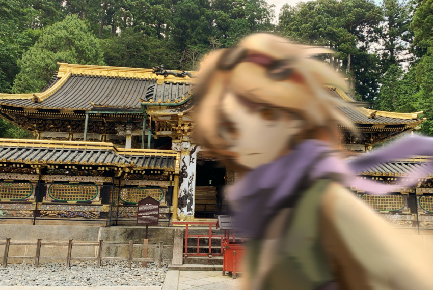 1other androgynous blurry closed_mouth commentary_request green_vest hairband hemo_(hemoroda) japanese_clothes len'en long_sleeves motion_blur orange_eyes orange_hair photo_(object) purple_scarf red_hairband scarf shirt short_hair solo vest yellow_shirt zuifeng_tenkai