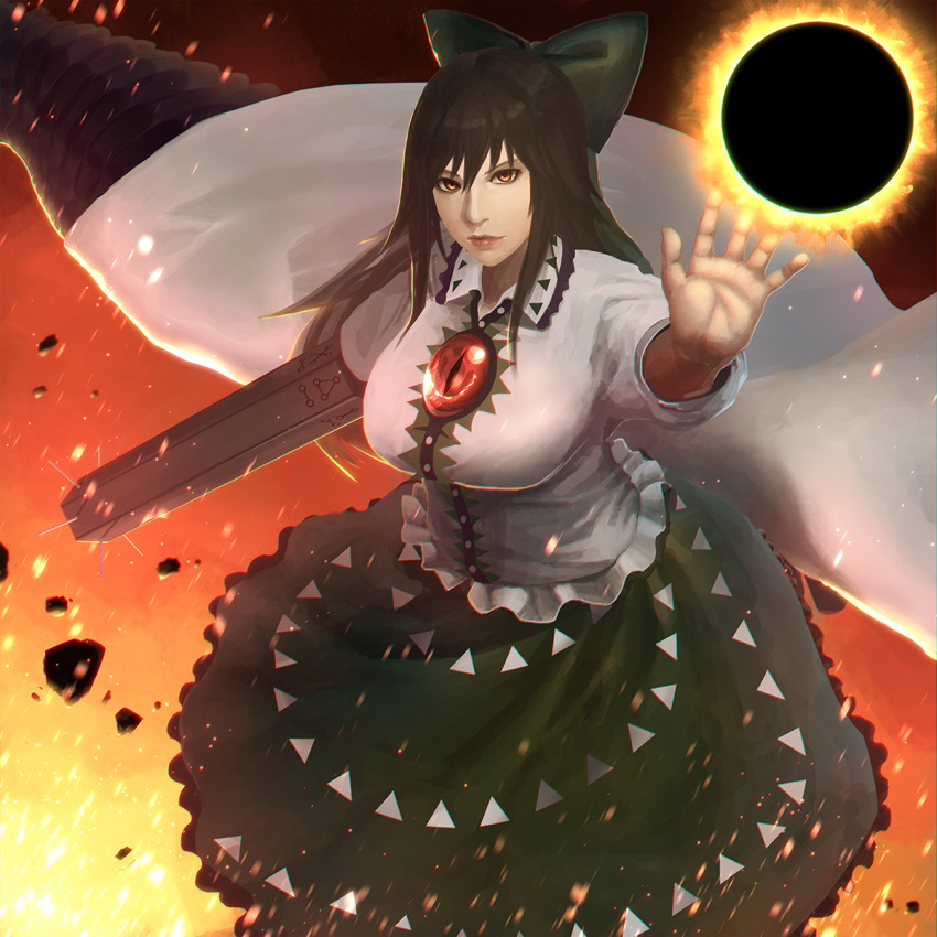 1girl arm_cannon bangs black_hair black_wings bow breasts cape debris embers energy_ball feathered_wings fire frilled_shirt frilled_skirt frills green_skirt hair_bow hand_up highres large_breasts lips long_hair long_skirt looking_at_viewer materializing minamike1991 nose open_hand red_eyes reiuji_utsuho shirt short_sleeves skirt solo third_eye touhou weapon white_shirt wings