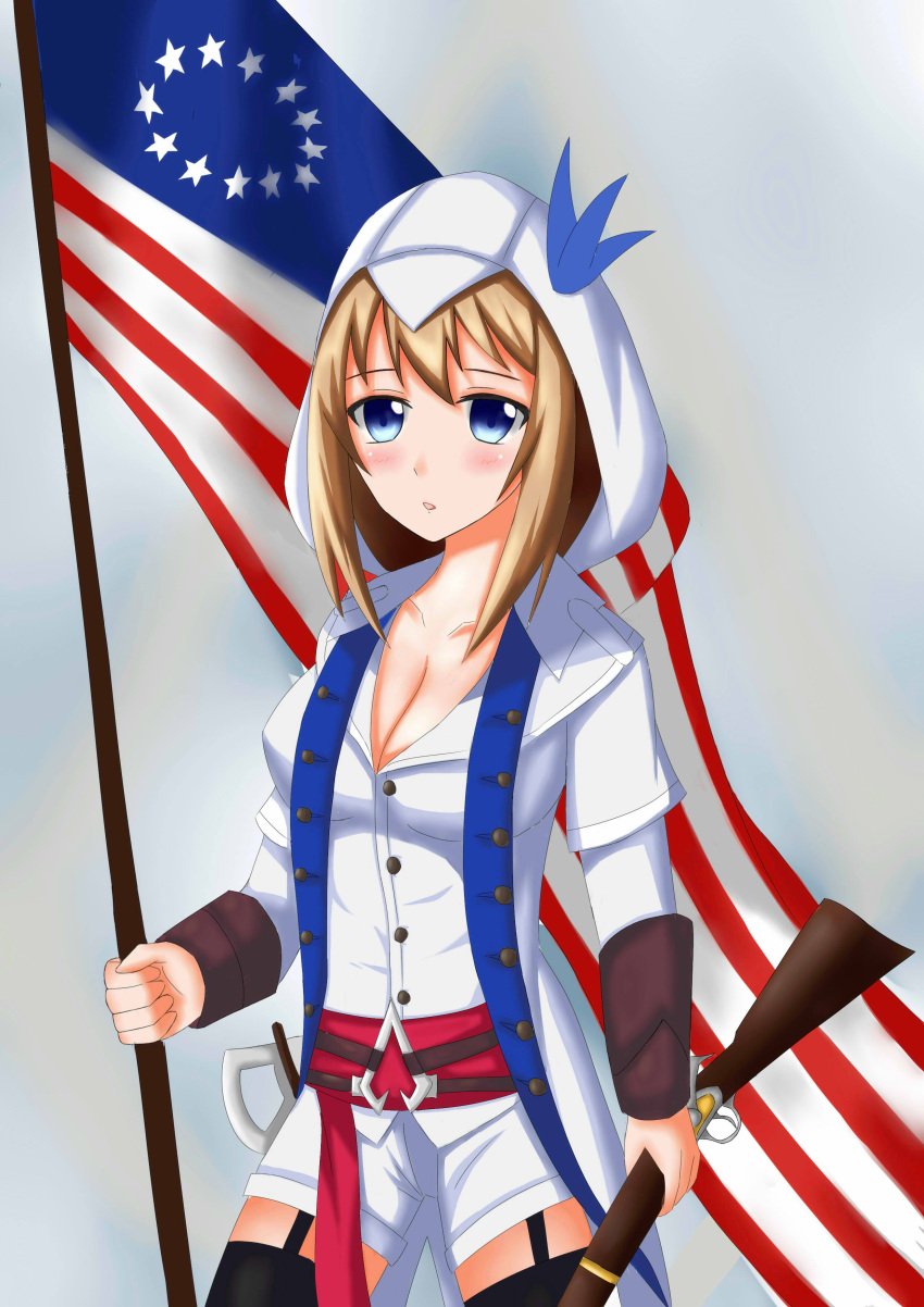 absurdres adapted_costume american_flag artist_request assassin's_creed_(series) assassin's_creed_iii blonde_hair blue_eyes breasts cleavage commentary_request connor_kenway connor_kenway_(cosplay) garter_straps highres hood lexington_(zhan_jian_shao_nyu) tagme thigh-highs zhan_jian_shao_nyu