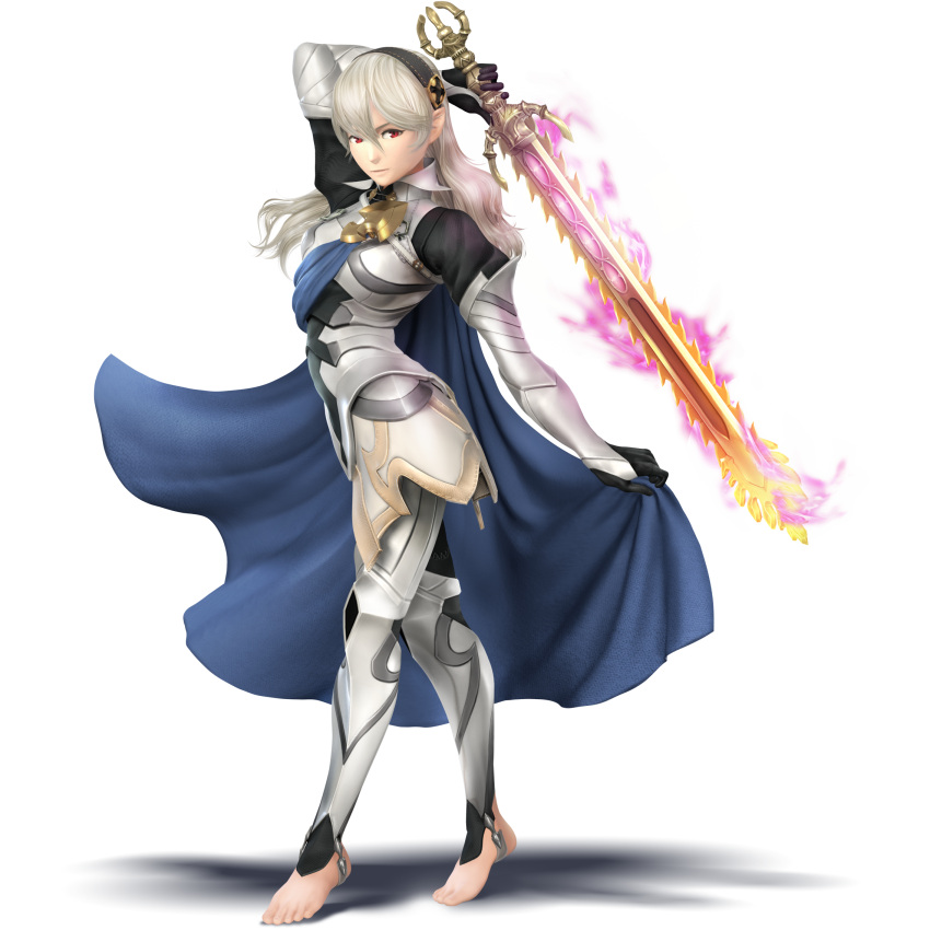 1girl 3d armor barefoot blonde_hair cape chainsaw feet fire fire_emblem fire_emblem_if highres long_hair model my_unit_(fire_emblem_if) official_art pointy_ears red_eyes solo stirrups super_smash_bros. sword tiptoes transparent_background weapon