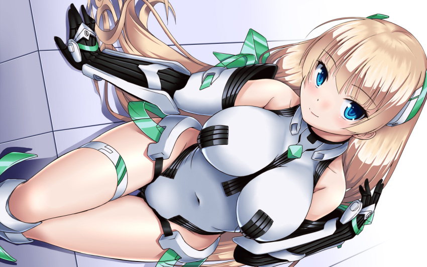 1girl angela_balzac arm_guards armor armored_boots bangs black_gloves blonde_hair blue_eyes blunt_bangs blush boots breasts closed_mouth covered_navel elbow_gloves eyebrows eyebrows_visible_through_hair from_above gloves hand_in_hair hand_up headgear jewelry knee_boots large_breasts leotard long_hair looking_at_viewer looking_up neck_ring rakuen_tsuihou rotated sitting skin_tight smile solo thigh_gap thigh_strap tsurime twinpon very_long_hair white_boots