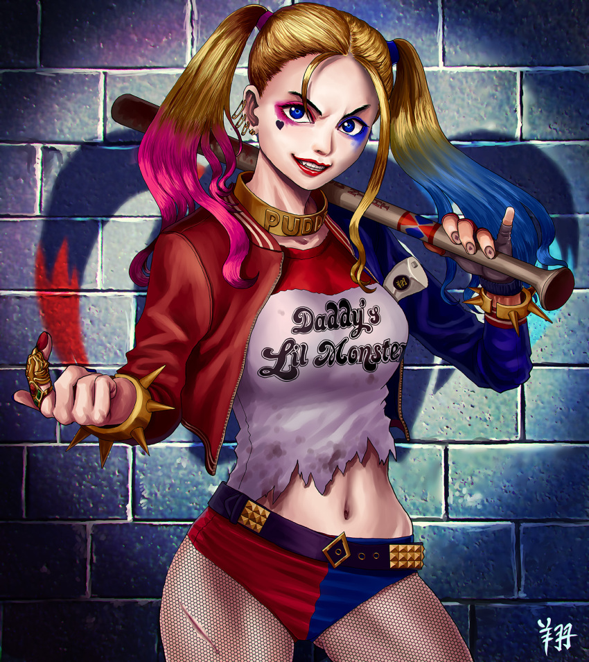 1girl baseball_bat belt blonde_hair blue_eyes blue_hair bracelet breasts come_at_me_bro dc_comics ear_piercing eyeshadow fang fishnet_pantyhose fishnets forehead gradient_hair grin harley_quinn highres jewelry lipstick long_hair makeup making_of multicolored_hair navel pantyhose piercing pink_hair pinky_out ryu_shou safety_pin short_shorts shorts smile solo spiked_bracelet spikes studded_belt suicide_squad torn_clothes twintails