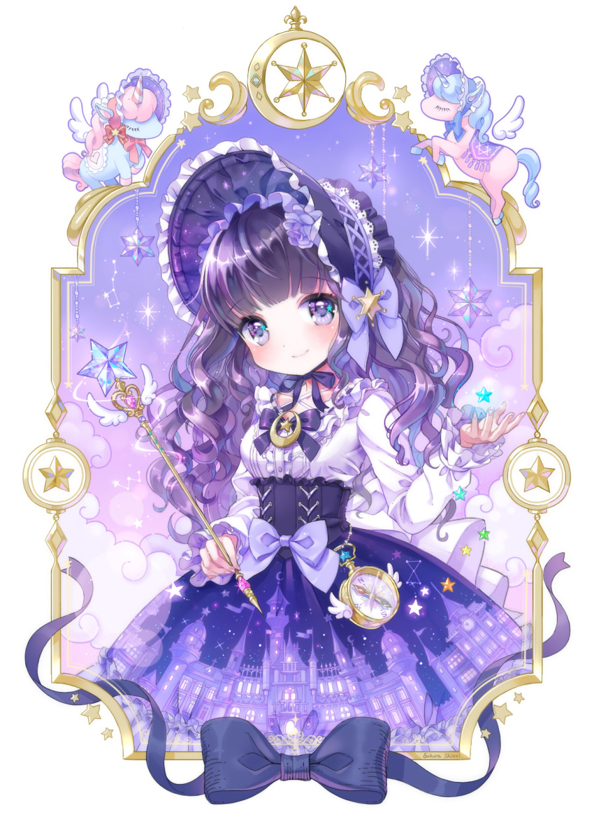 1girl bonnet bow commentary_request compass curly_hair dress flower frame hat hat_bow hat_flower highres lolita_fashion long_sleeves looking_at_viewer original purple_hair shiori_(xxxsi) smile solo underbust unicorn violet_eyes wand