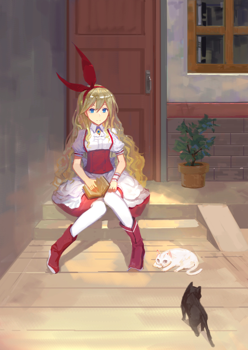1girl absurdres apron ascot blonde_hair blue_eyes book boots cat door dress ellen full_body hairband highres lamase_(41) long_hair looking_at_viewer open_book outdoors puffy_sleeves short_sleeves sitting smile sokrates_(touhou) stairs touhou touhou_(pc-98) waist_apron wrist_cuffs