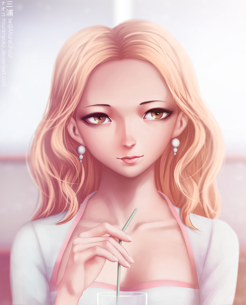 1girl artist_name breasts brown_eyes cleavage closed_mouth collarbone cup drinking_glass drinking_straw earrings ebihara_ai fingernails glass grey_background highres holding jewelry lips looking_at_viewer naoko_(naoko00) persona persona_4 shirt simple_background smile solo watermark wavy_hair web_address white_shirt
