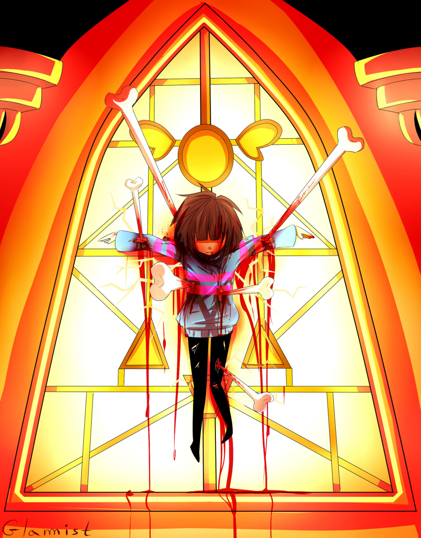 absurdres androgynous artist_name blood blood_from_mouth bloody_clothes bone brown_hair frisk_(undertale) full_body glamist hidden_eyes highres impaled pantyhose solo spoilers striped striped_sweater sweater tagme torn_clothes undertale window