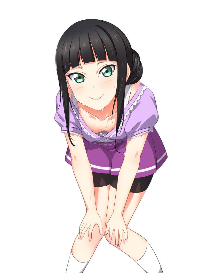1girl alternate_hairstyle bangs black_hair blunt_bangs blush collarbone exercise green_eyes highres kurosawa_dia looking_at_viewer love_live! love_live!_sunshine!! mole mole_under_mouth official_style shorts smile solo sweat tied_hair yu-ta
