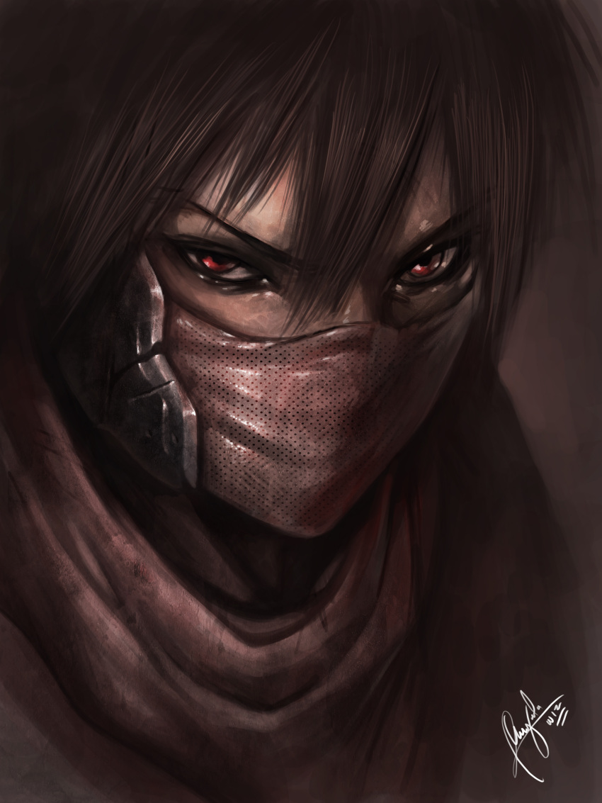 1boy absurdres brown_hair ceasar_ian_muyuela covered_mouth face highres male_focus mask red_eyes red_scarf scarf signature solo strider_(video_game) strider_hiryuu