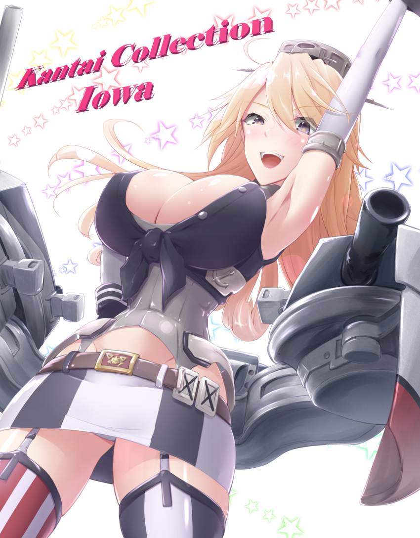 1girl :d ahoge anchor_symbol arm_up armpits bangs belt blonde_hair blush breasts character_name cleavage copyright_name covered_navel cowboy_shot eyebrows eyebrows_visible_through_hair from_below front-tie_top garter_straps gloves groin hair_between_eyes headgear highres iowa_(kantai_collection) kantai_collection large_breasts long_hair machinery miniskirt mismatched_legwear open_mouth panties pantyshot shiroshimu skirt sleeveless smile solo star star-shaped_pupils starry_background stomach striped striped_legwear symbol-shaped_pupils thigh-highs unbuttoned underwear upskirt vertical-striped_legwear vertical_stripes white_background white_panties wrist_cuffs