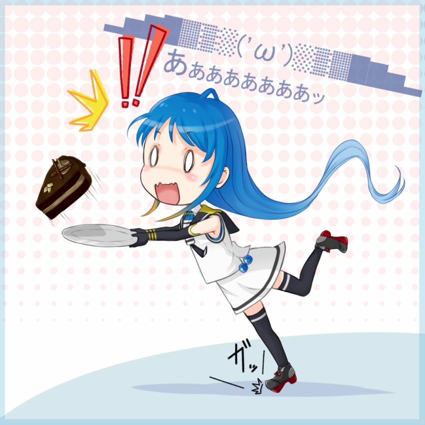 !! /\/\/\ 1girl blue_hair cake elbow_gloves food gecotan gloves gradient_hair kantai_collection long_hair multicolored_hair open_mouth plate samidare_(kantai_collection) school_uniform serafuku shirt sleeveless sleeveless_shirt solid_oval_eyes solo surprised thigh-highs tripping very_long_hair wavy_mouth