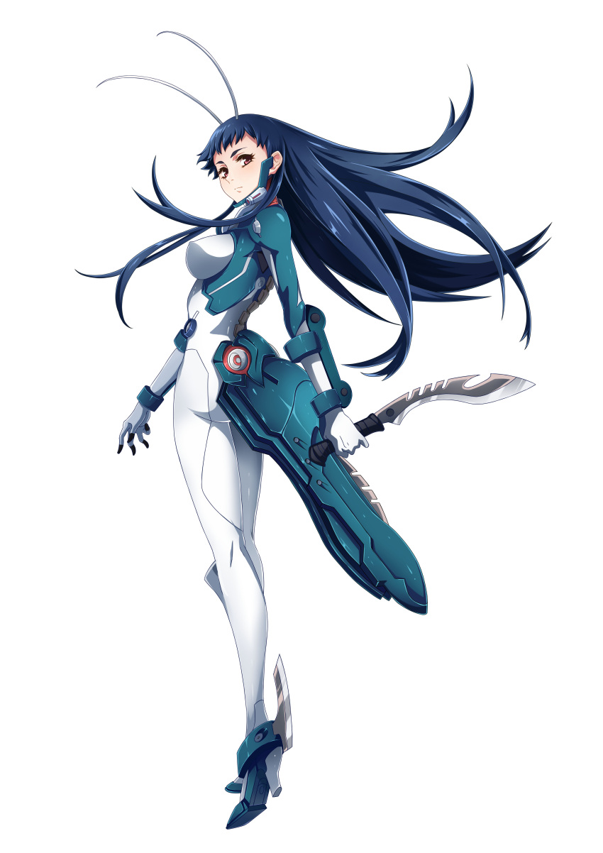 1girl absurdres antennae armor armored_boots bai_hua blue_hair bodysuit boots closed_mouth expressionless floating_hair from_side full_body gloves high_heel_boots high_heels highres holding_sword holding_weapon long_hair looking_away mecha_musume official_art red_eyes school_shock shiny shiny_clothes simple_background skin_tight solo standing sword turtleneck vambraces weapon white_background