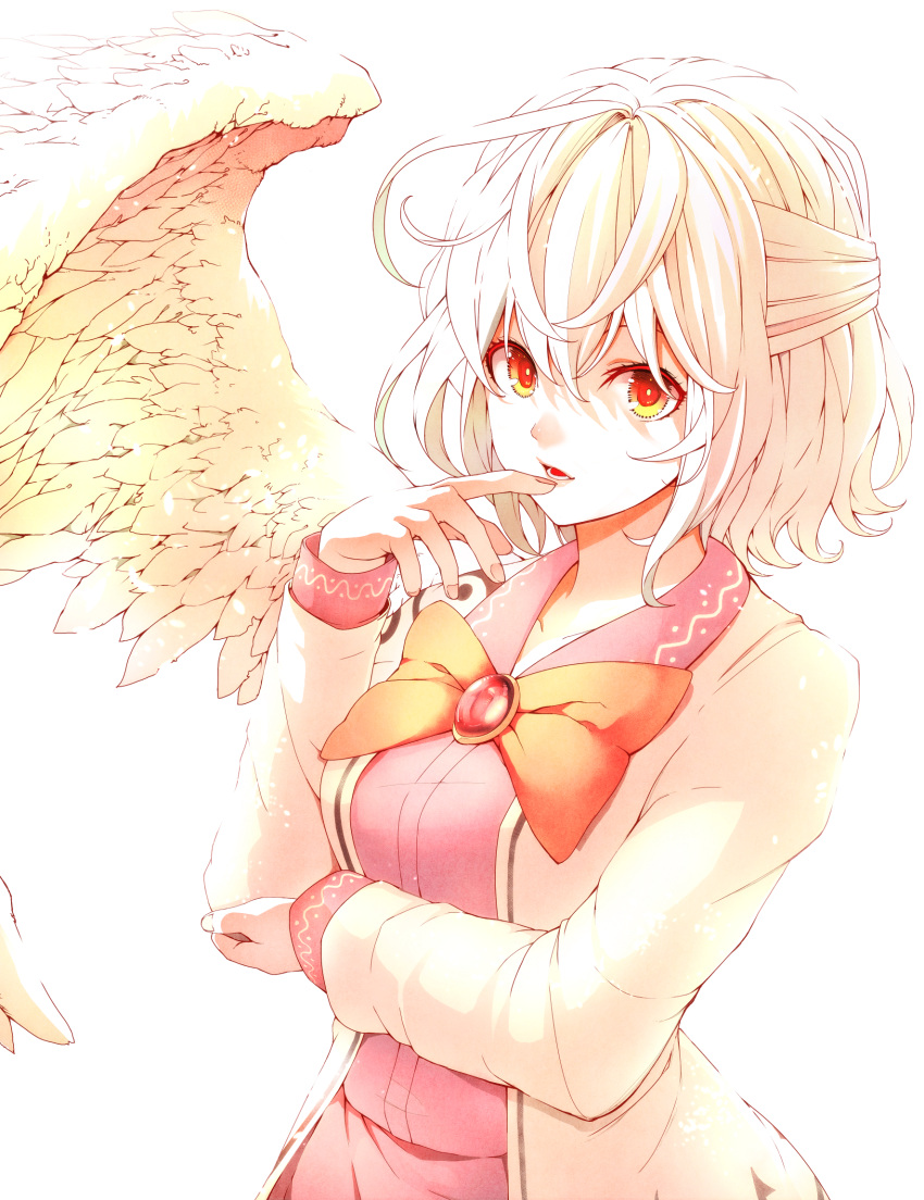 1girl angel_wings brooch dress feathered_wings finger_to_mouth half_updo highres jacket jewelry kishin_sagume long_sleeves looking_at_viewer mikoma_sanagi open_clothes open_jacket open_mouth pink_dress red_eyes short_hair silver_hair simple_background single_wing solo touhou upper_body white_background white_hair white_wings wings