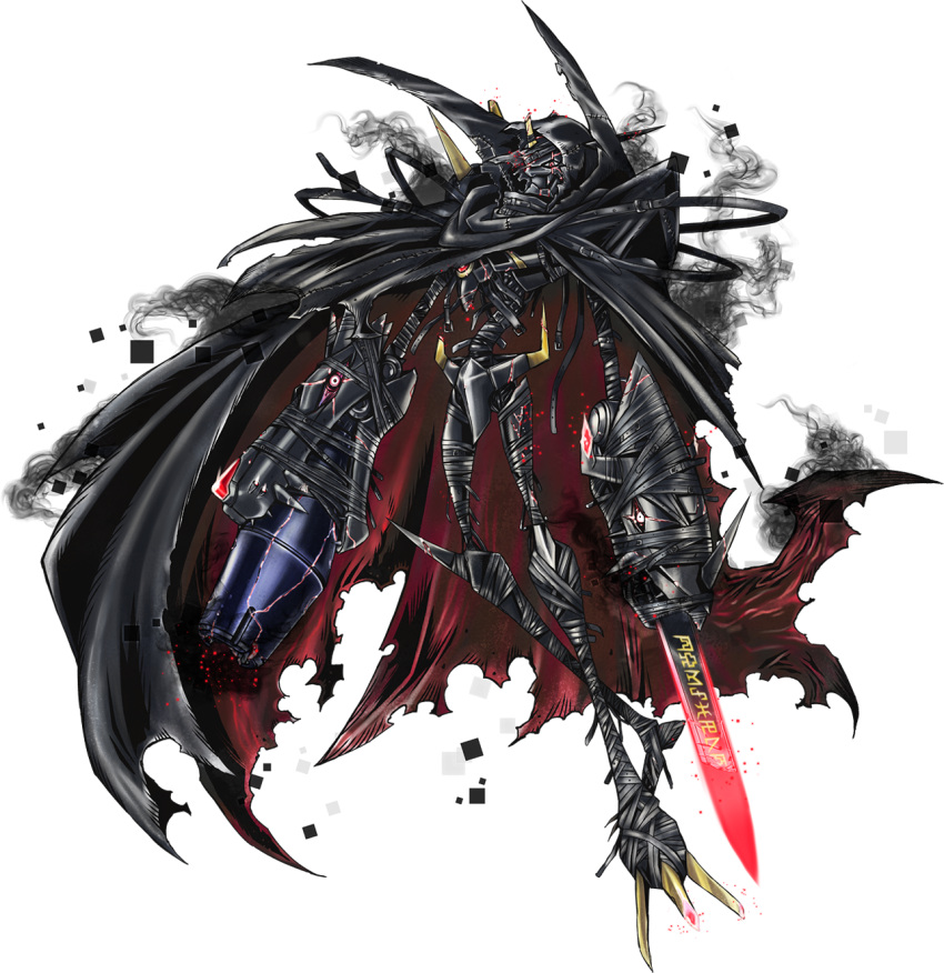 arm_cannon aura black_armor cape claws digimoji digimon digimon_world_-next_0rder- executor_(digimon_world_-next_0rder) highres horn monster multiple_belts no_humans official_art red_eyes solo sword translated transparent_background watanabe_kenji weapon