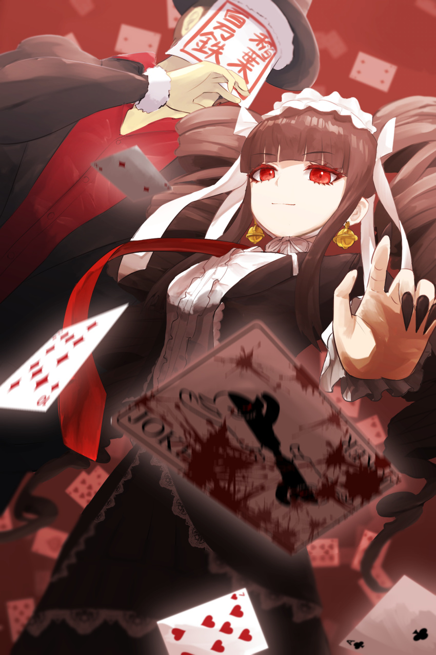 1boy 1girl black_hair black_nails blunt_bangs brown_hair card celestia_ludenberg center_frills closed_mouth danganronpa:_trigger_happy_havoc danganronpa_(series) drill_hair earrings frills gothic_lolita highres jacket jewelry joker_(card) lolita_fashion long_hair looking_at_viewer masuda_(agga) monokuma necktie open_clothes open_jacket playing_card red_background red_eyes red_shirt shirt smile translation_request twin_drills twintails white_shirt