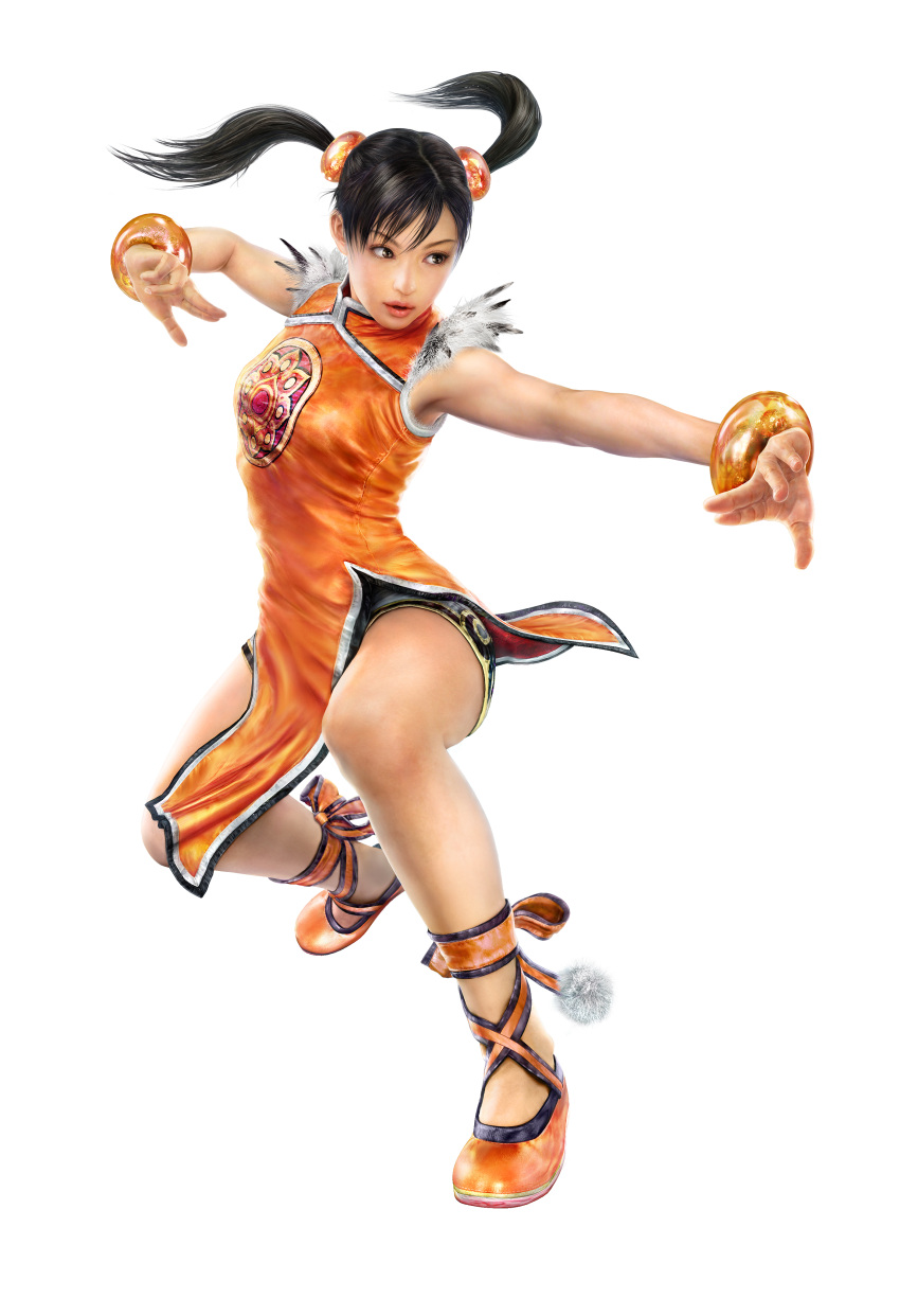 1girl 3d absurdres black_hair bracelet brown_eyes china_dress chinadress chinese_clothes feather_trim female fighting_stance full_body highres jewelry ling_xiaoyu looking_away namco no_socks official_art open_mouth parted_lips shoes shorts side_slit simple_background sleeveless solo tekken tekken_5_(dark_resurrection) twintails white_background