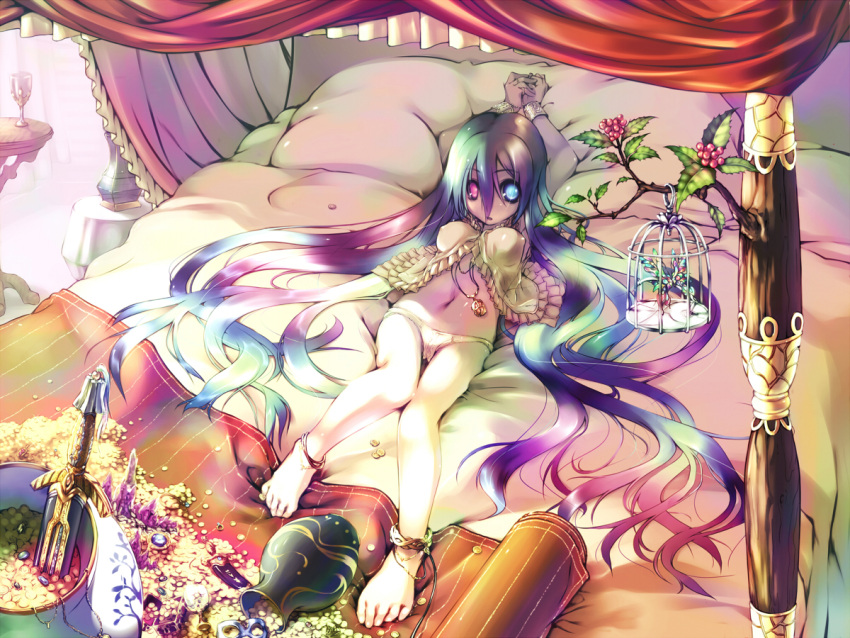 barefoot bed blue_eyes blue_hair bracer cage feet gold heterochromia jewelry long_hair lying midori_no_ruupe necklace panties psychedelic red_eyes sword treasure underwear very_long_hair weapon