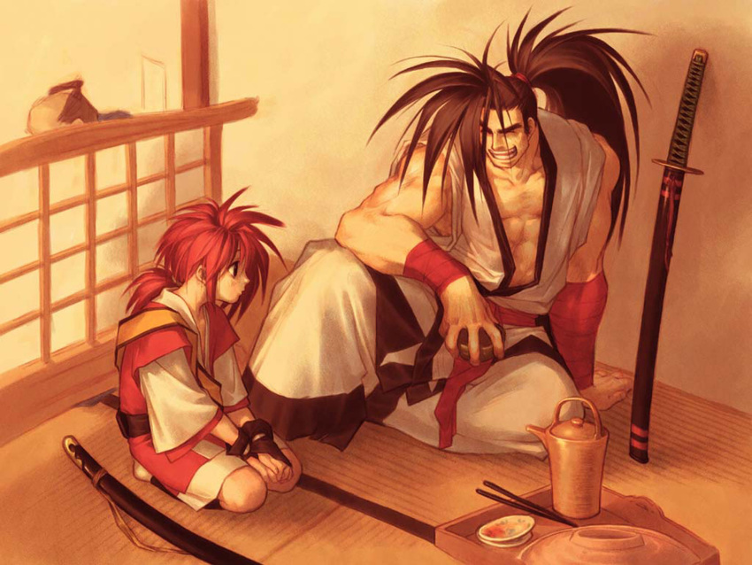 haohmaru haoumaru highres hisame_shizumaru japanese_clothes jpeg_artifacts katana male official_art red_hair redhead samurai_spirits scan snk sword weapon