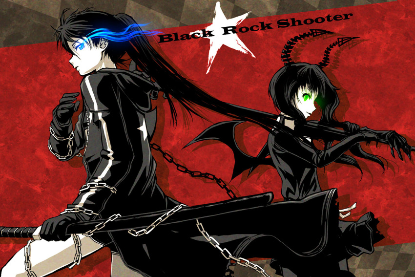 black_rock_shooter black_rock_shooter_(character) blue_eyes chain chains dead_master gloves glowing glowing_eyes green_eyes horns itou_(onsoku_tassha) wings