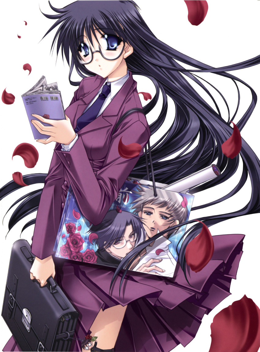 blue_eyes book briefcase glasses highres long_hair petals purple_hair ryuuga_shou school_uniform