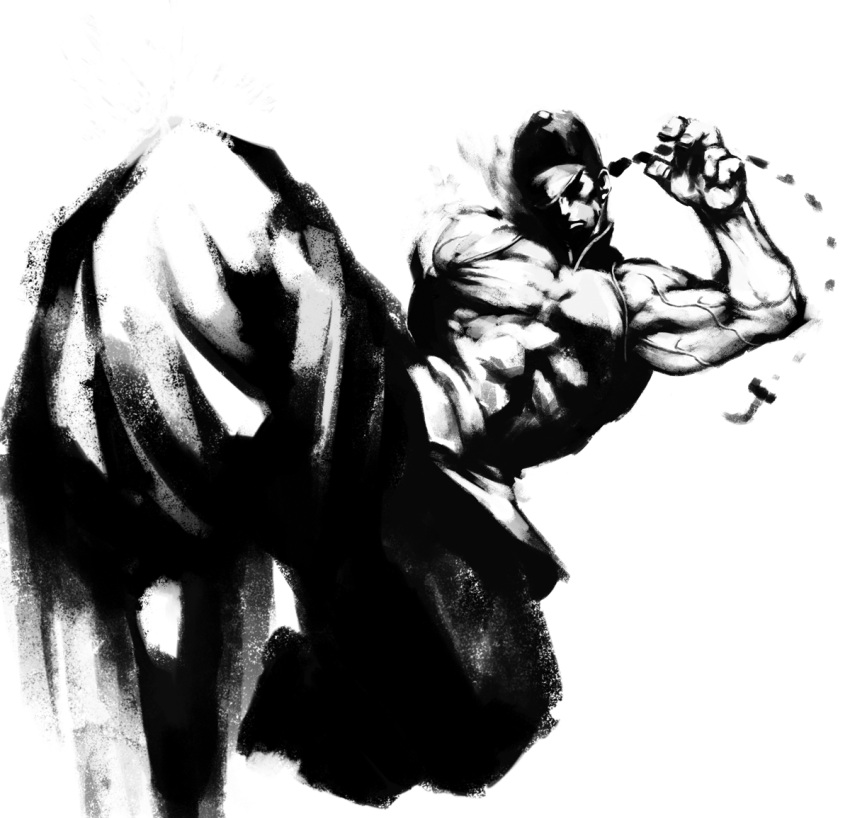 adult baggy_pants capcom cozy grown_up hat kicking male monochrome muscle ponytail solo street_fighter street_fighter_iii yun_lee