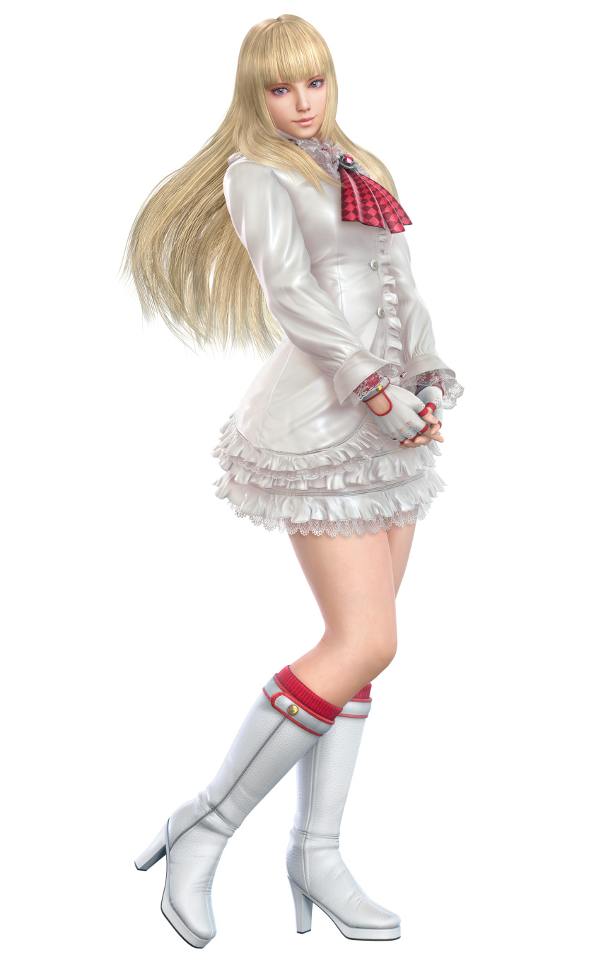 1girl 3d absurdres ascot bangs blonde_hair blue_eyes boots buttons cg checkered_neckwear closed_mouth dress emilie_de_rochefort eyeshadow female fingerless_gloves frills full_body gloves hands_together high_heel_boots high_heels highres hime_cut interlocked_fingers lace lace-trimmed_sleeves lili lips long_hair long_sleeves looking_at_viewer namco official_art simple_background skirt smile solo standing tekken white_background white_boots white_dress white_footwear white_gloves