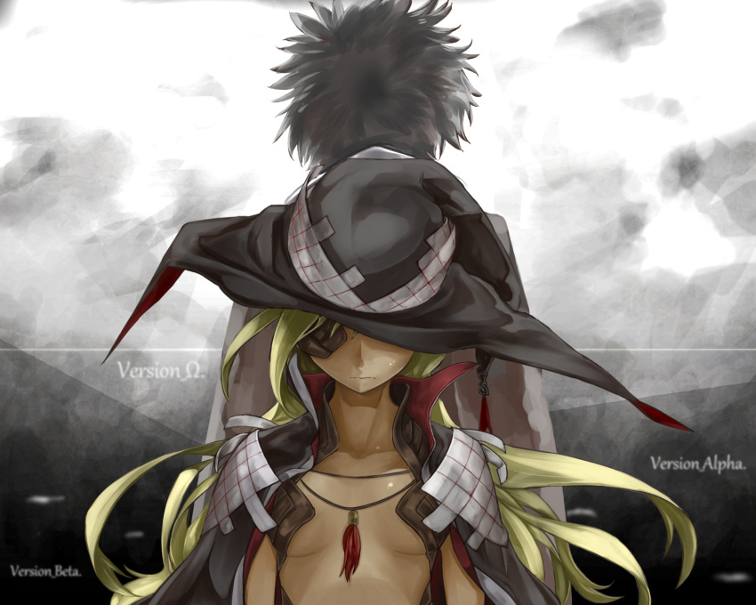 1boy 1girl back-to-back between_breasts black_hair blonde_hair breasts cape eyepatch hat hat_over_one_eye hidden_eyes highres kamijou_touma long_hair to6_l to_aru_majutsu_no_index witch_hat