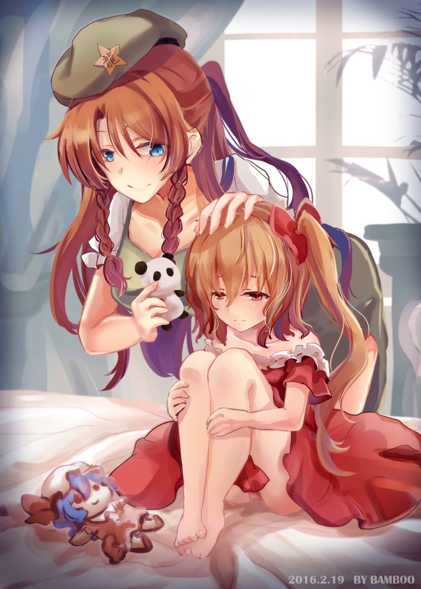 2girls absurdres alternate_hairstyle bamboo_(akimotoaki) bed bed_sheet bedroom beret blue_eyes breasts character_doll cleavage collarbone dress flandre_scarlet hand_on_another's_head hat highres hong_meiling indoors leg_hug long_hair looking_at_another looking_down multiple_girls objectification ponytail red_dress red_eyes redhead remilia_scarlet side_ponytail side_slit sitting smile star thighs touhou