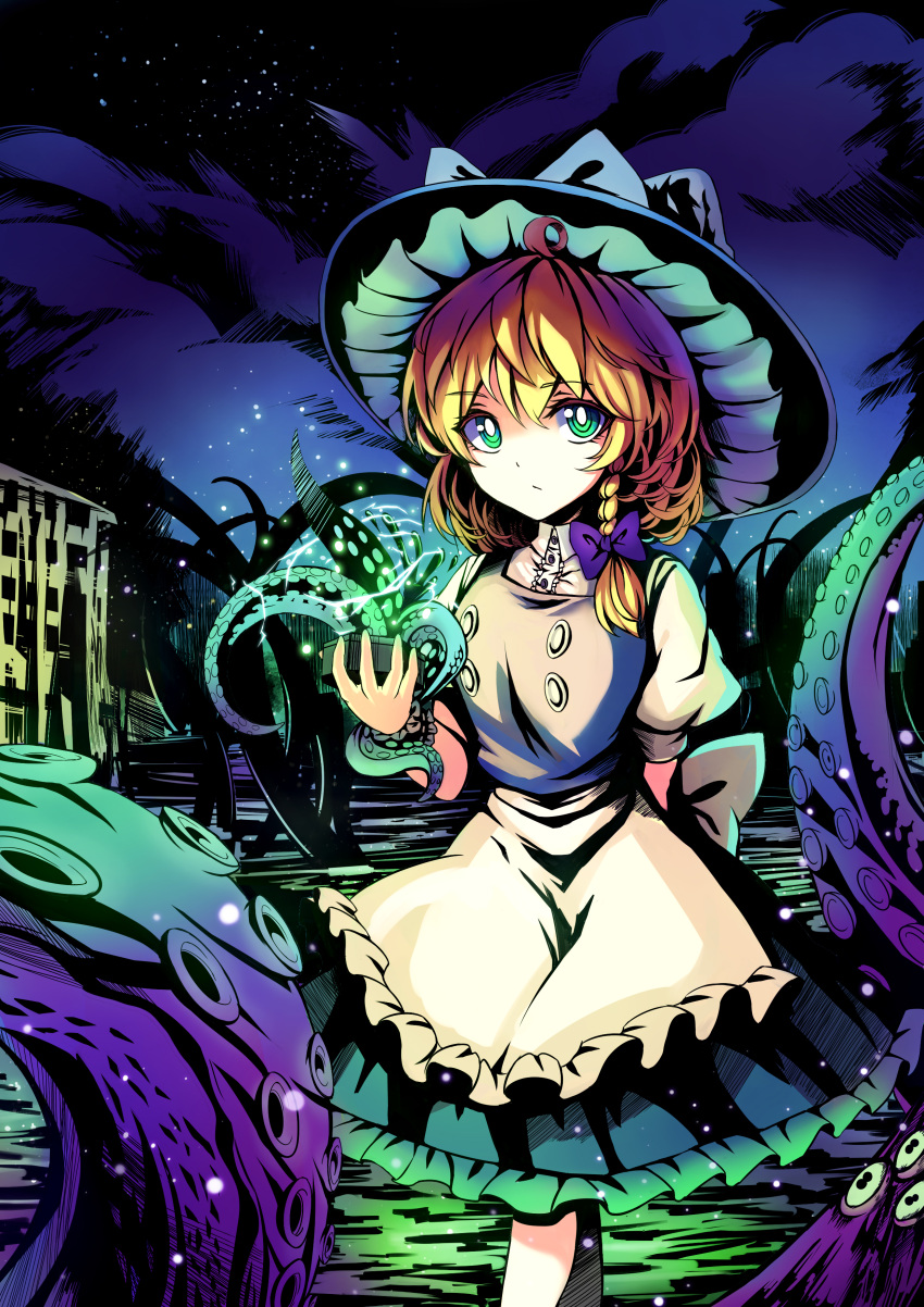 1girl absurdres ahoge apron arm_behind_back black_skirt black_vest blonde_hair bow braid building clouds cthulhu_mythos expressionless frilled_apron frilled_skirt frills green_eyes hand_up hat hat_bow highres kirisame_marisa koissa light light_particles looking_at_viewer mini-hakkero night night_sky outdoors shirt short_hair short_sleeves single_braid skirt sky solo star_(sky) starry_sky tentacles touhou waist_apron white_shirt witch_hat wrist_cuffs