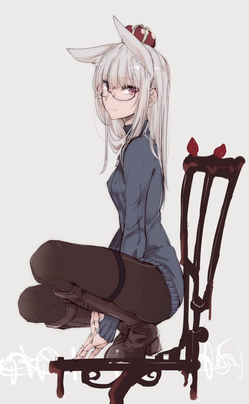 1girl animal_ears black_legwear blue_nails boots chair doll food fruit glasses hat high_heels highres long_hair looking_at_viewer nail_polish original pantyhose silver_hair smile solo squatting strawberry sweater touma_kisa violet_eyes