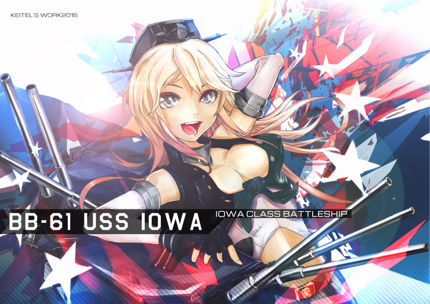 1girl blonde_hair blush breasts cleavage highres iowa_(kantai_collection) kantai_collection keitel_von_birsk large_breasts long_hair open_mouth original smile solo star star-shaped_pupils symbol-shaped_pupils