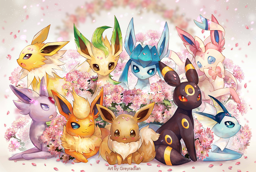 :3 :o ;) ;3 artist_name beige_background blue_eyes blush bow bowtie brown_eyes eevee eeveelution espeon everyone flareon flower fur glaceon head_tilt jolteon lavender_eyes leafeon looking_at_viewer looking_back looking_to_the_side lying no_humans on_stomach one_eye_closed open_mouth paws petals pointy_ears pokemon pokemon_(creature) red_sclera simple_background sitting slit_pupils smile soul_gem spiked_fur standing stephanie_lee sylveon umbreon vaporeon violet_eyes