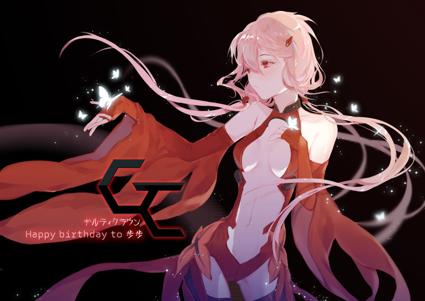 1girl absurdres bare_shoulders black_legwear blush breasts center_opening cleavage detached_sleeves elbow_gloves fingerless_gloves gloves guilty_crown hair_ornament hairclip hand_on_own_chest highres large_breasts looking_away navel pink_hair red_eyes solo twintails yuzhi yuzuriha_inori