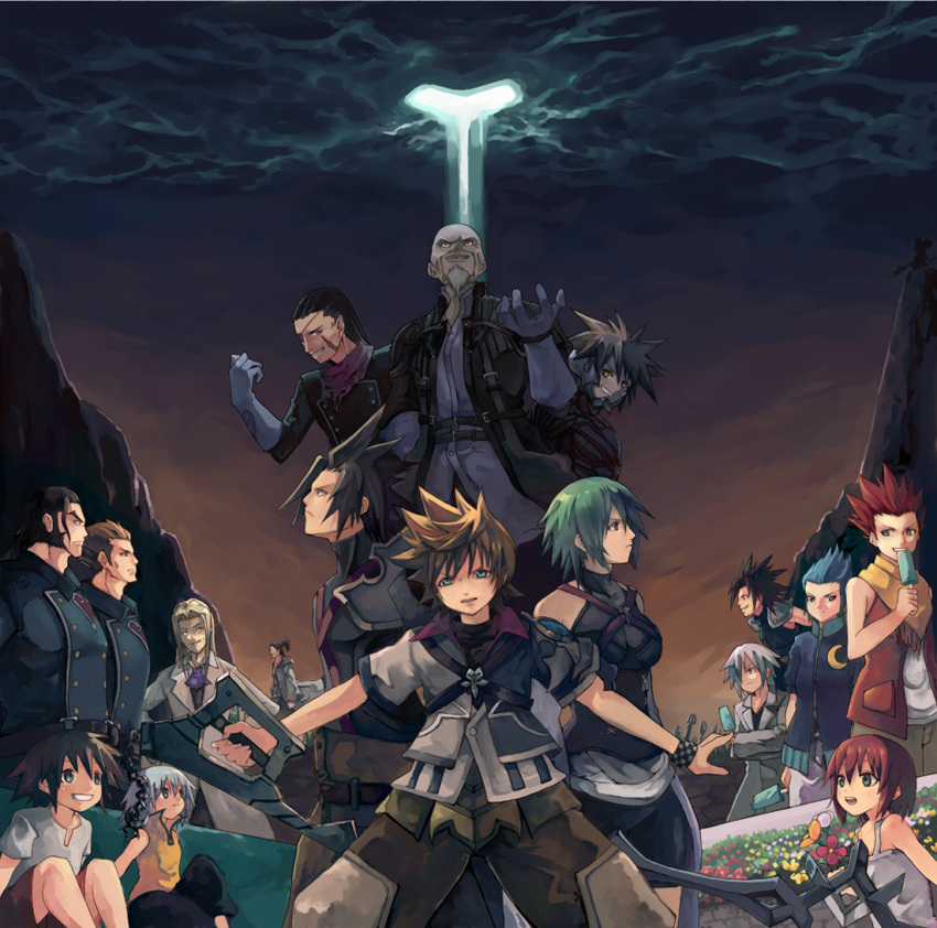 2girls 6+boys aqua_(kingdom_hearts) axel_(kingdom_hearts) bald beard black_hair blue_hair braig brown_eyes brown_hair coat crisis_core_final_fantasy_vii everyone evil_smile eyepatch facial_hair final_fantasy final_fantasy_vii green_eyes green_hair grey_hair grin kairi_(kingdom_hearts) keyblade kingdom_hearts kingdom_hearts_birth_by_sleep lexaeus master_eraqus master_xehanort milcoco multiple_boys multiple_girls redhead reverse_grip riku saix short_hair smile sora_(kingdom_hearts) spiky_hair terra_(kingdom_hearts) vanitas ventus vexen weapon xaldin zack_fair zexion