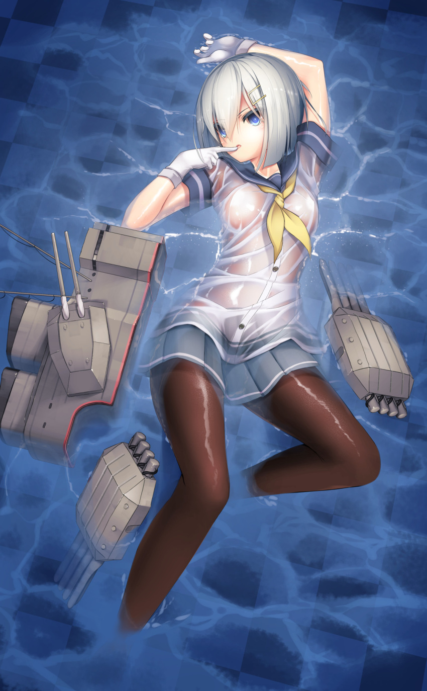 1girl :o afloat arm_up asymmetrical_bangs bangs blue_eyes blue_skirt blush breasts brown_legwear buttons cannon collarbone colored_eyelashes covered_nipples dobunezumi from_above gloves hair_between_eyes hair_ornament hairclip hamakaze_(kantai_collection) highres kantai_collection knees_up legs_apart looking_at_viewer lying machinery neckerchief on_back pantyhose parted_lips pleated_skirt ribbon see-through shiny shiny_clothes shirt short_hair short_sleeves silver_hair skirt sleeve_cuffs solo tsurime turret water wet wet_clothes white_gloves white_shirt yellow_ribbon