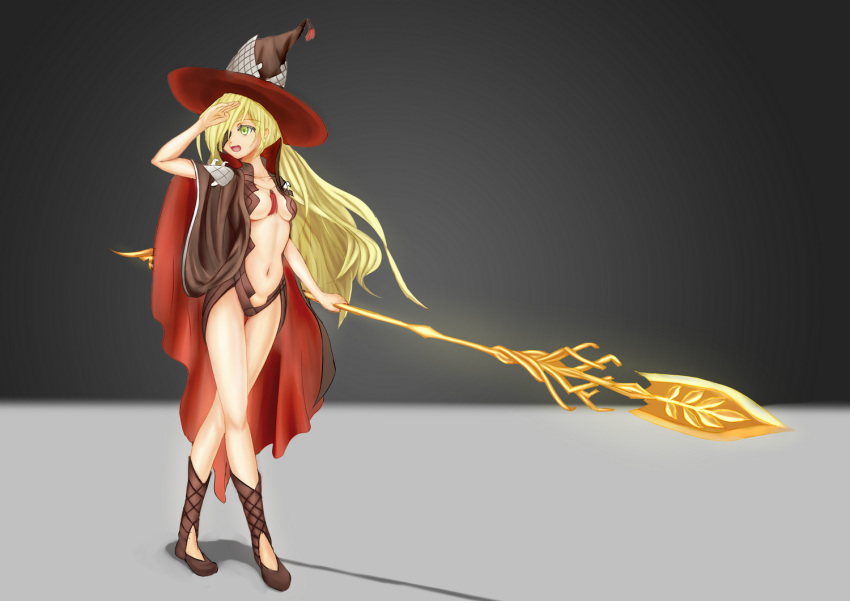 1girl between_breasts blonde_hair cape green_eyes groin hand_to_forehead hat long_hair navel open_mouth panysua polearm simple_background solo spear to_aru_majutsu_no_index to_aru_majutsu_no_index:_new_testament weapon witch_hat