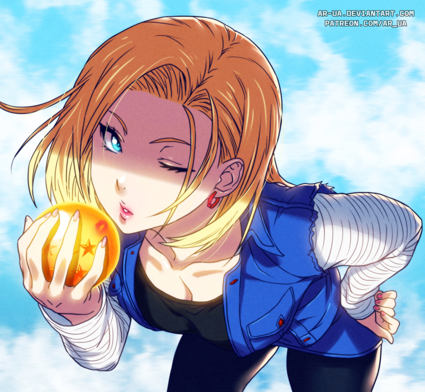1girl android_18 ar-ua artist_name blonde_hair blue_eyes breasts cleavage dragon_ball dragon_ball_(object) dragon_ball_z earrings hand_on_hip highres jewelry lips nail_polish patreon solo vest